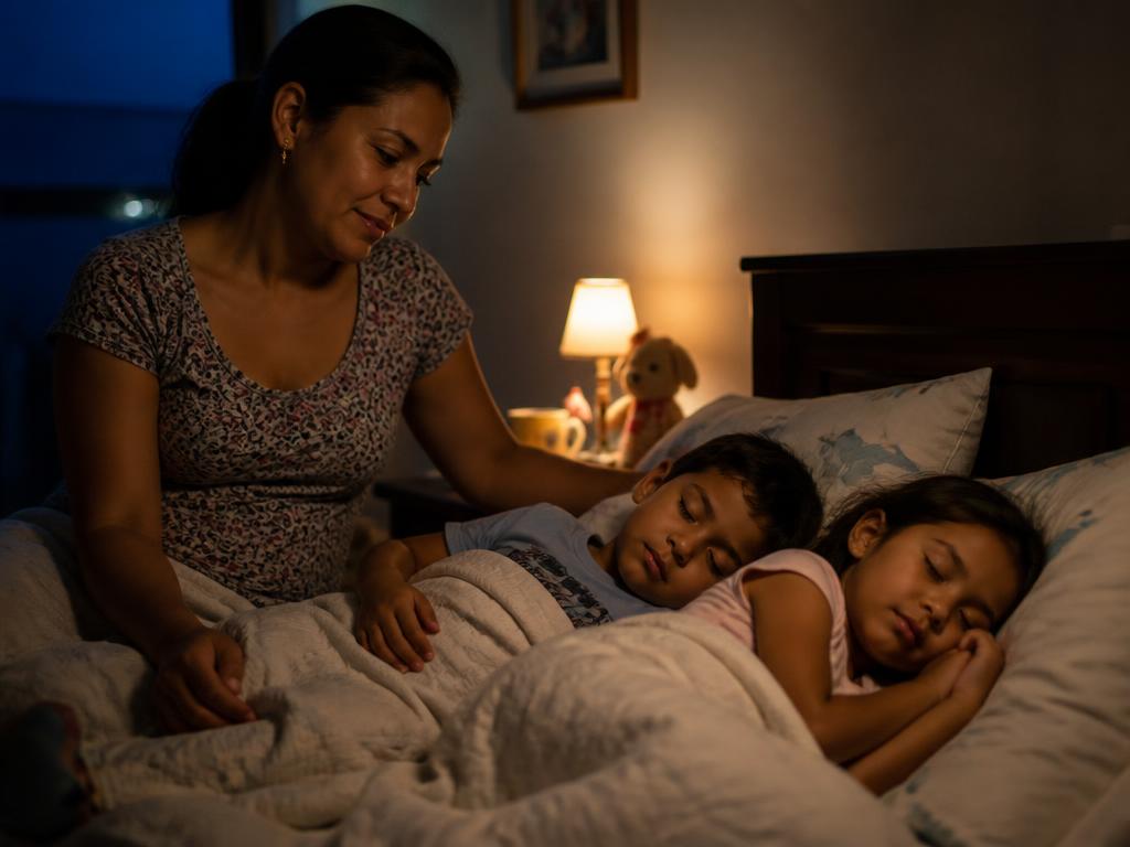 Dos niños duermen tranquilamente en la cama mientras su mamá los acompaña