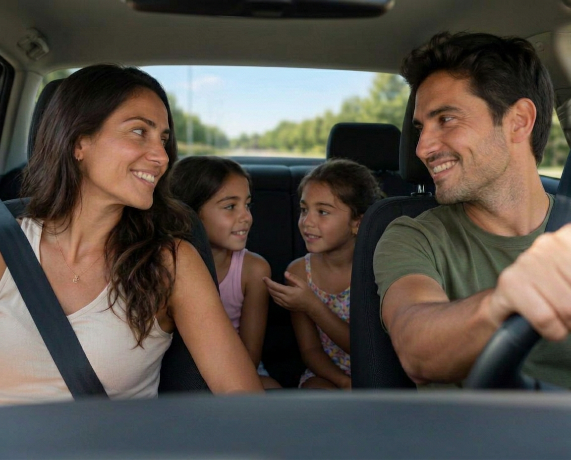 Una familia escuchando juntos durante un viaje en coche